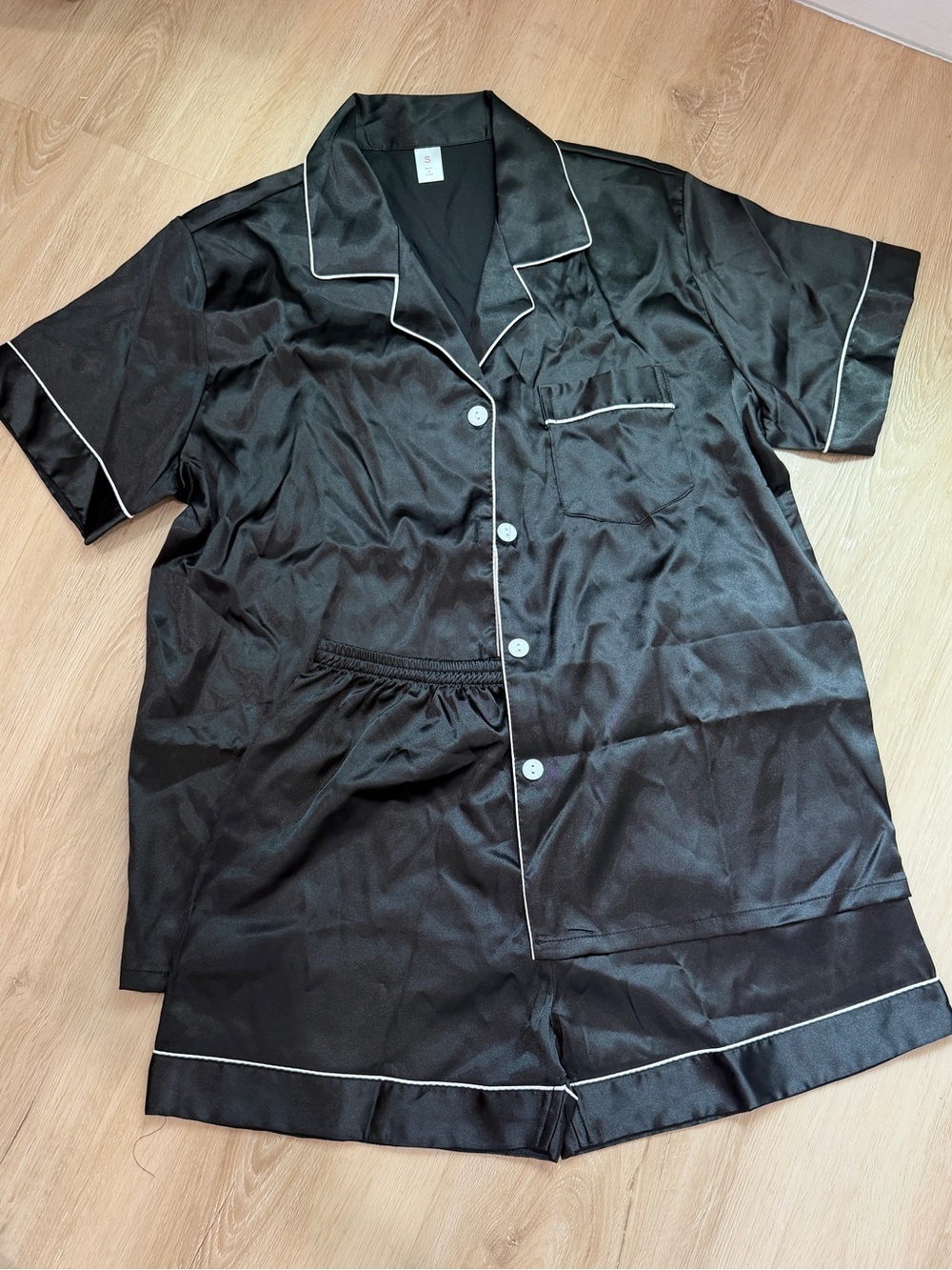 Women's Black Satin Short Pajama Set with Contrast Piping